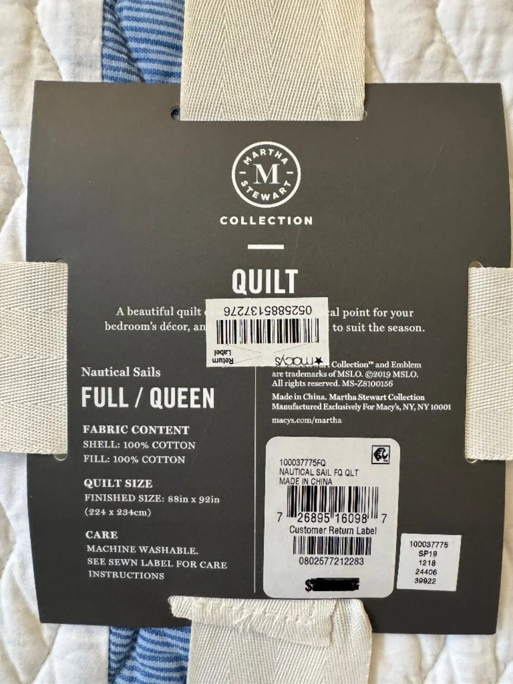 Martha Stewart Cotton Reversible Quilt blanket Full/Queen Blue White Nautical